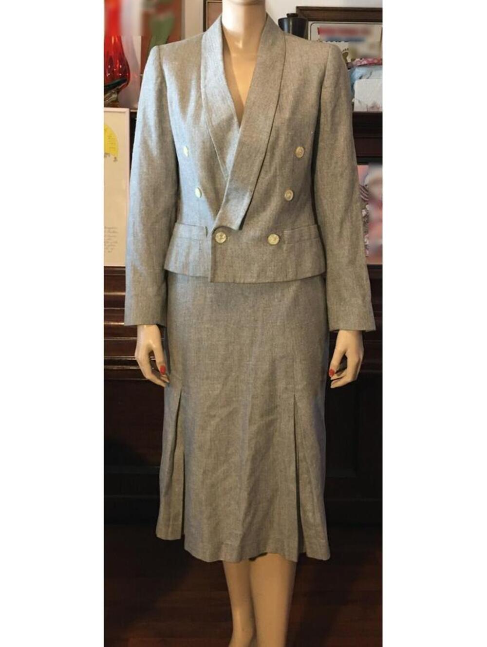 Vtg 80s Gallery Gray Herringbone Tweed Secretary Jacket Skirt Suit Set sz 6